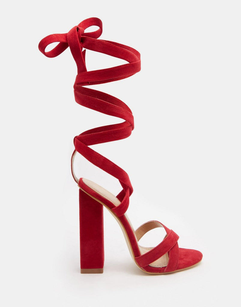 Mary Red Tie Up Block Heeled Sandals